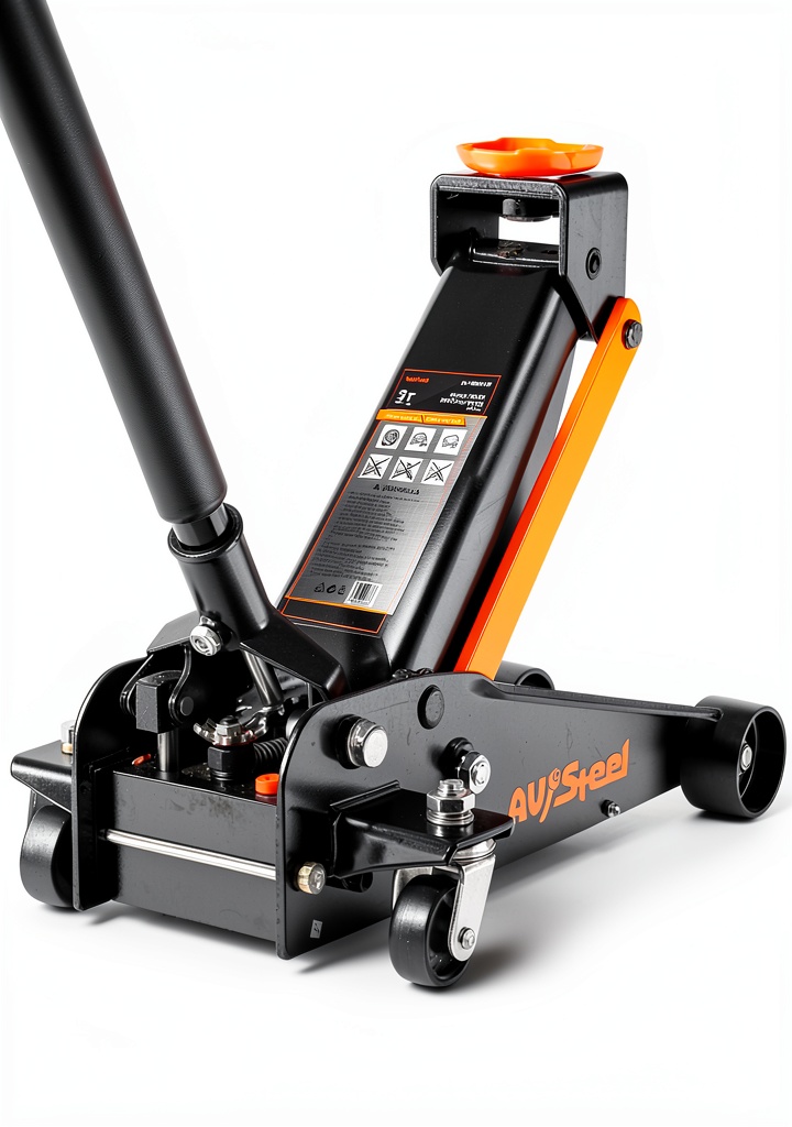 AV Steel floor jack lifting a sedan in a garage